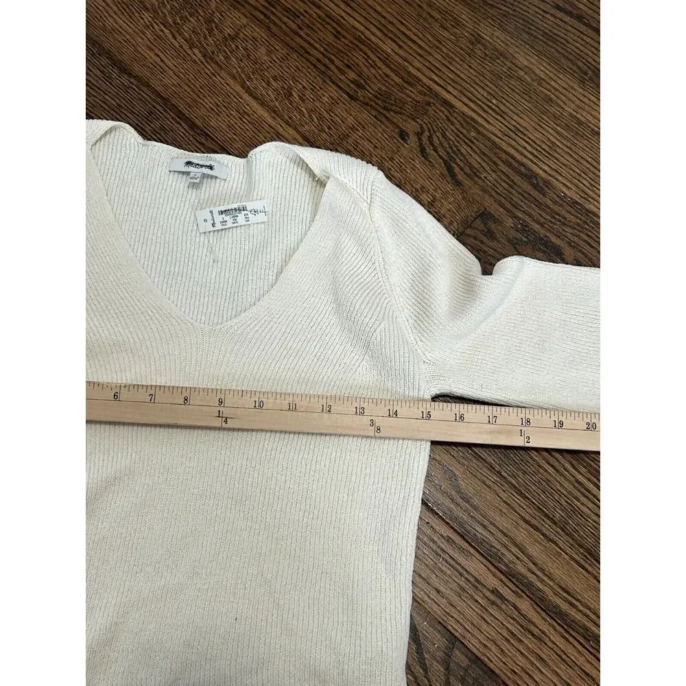 Madewell‎ Sweater Womens S White Ribbed Cotton Long Sleeve V Neck Pullover NWT
